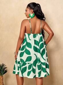 BIUBIU Rochie de vară pentru femei, Plus Size, tropicală, cu frunze verzi, sexy, cu bretele spaghete, cu tiv în straturi, scurtă, plajă, casual, de vacanță, elegantă - Verde - Vizualizare 3