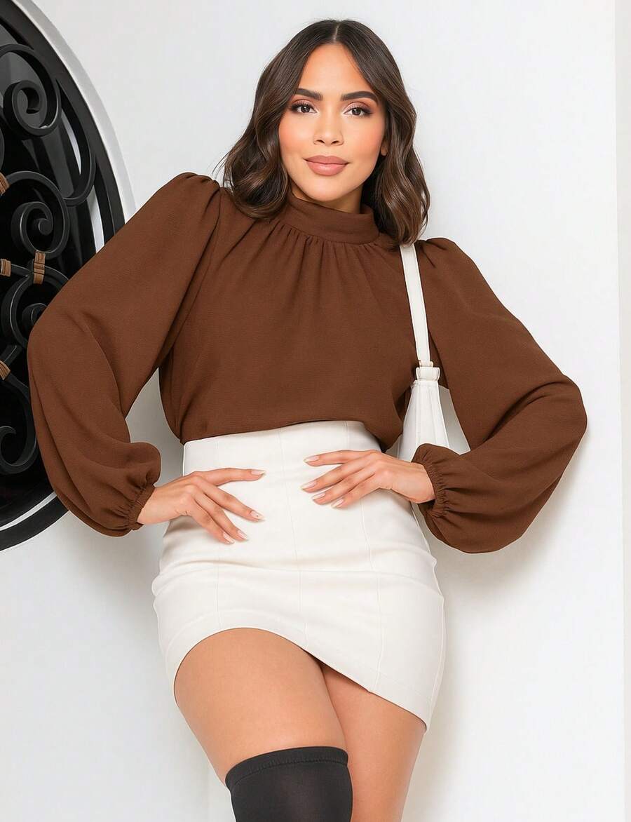 Long Sleeve Round Neck Shirt Blouse With Ruffles - Óxido marrón - Ver 1