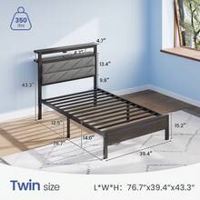 GREENSTELL Bed Frame  With Charging Station, LED Bed With Upholstered Storage Headboard, Metal Platform Bed With Under Bed Storage, No Box Spring Needed, Noise Free, Easy Assembly - 灰色 - 查看 8