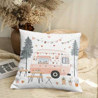 1 funda de cojín estilo bohemio chic de autocaravana de 45,72 x 45,72 cm - Cojín suave y mullido con ilustración vintage de camping, diseño de caravana rosa y bosque para decoración del hogar, sala de estar, sofá, dormitorio