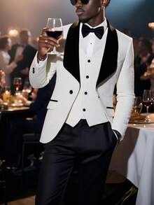 Mens 3 Piece Floral Tuxedo, Jacquard Slim Suit Set, Paisley Blazer Vest And Pants For Prom Wedding - 白色 - 查看 1