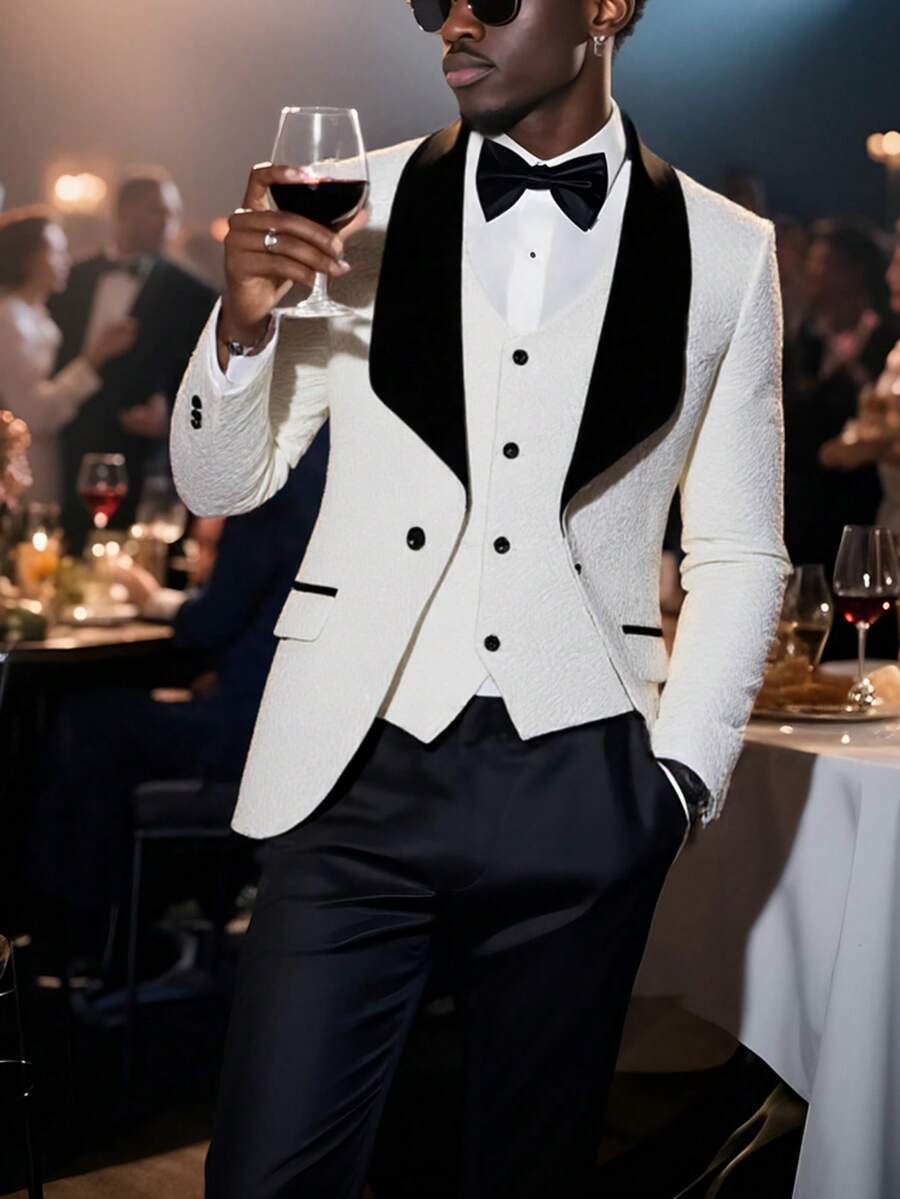 Mens 3 Piece Floral Tuxedo, Jacquard Slim Suit Set, Paisley Blazer Vest And Pants For Prom Wedding - 白色 - 查看 1