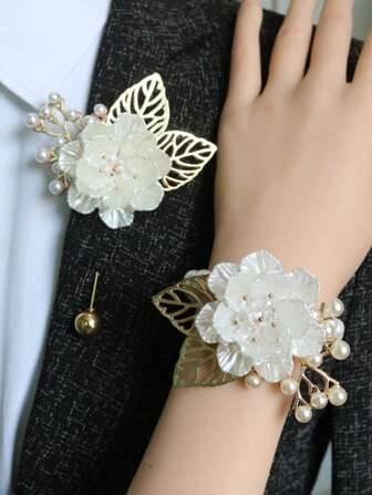 2 st/1 st vit snäckros med metalllegering, exklusivt brosch- och handledskorsageset, lämplig för brudgum, brud, bröllop, förlovning, evenemang, fester, banketter