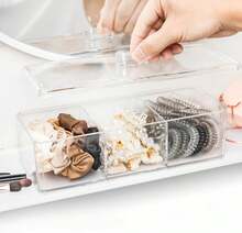 TelKeen Hair Accessories Organizer For Girls, Acrylic Hair Tie Organizer For Headband, Bows, Hair Clip, Cotton Swab Organization, Hair Clip Holder, 3 Compartments Hair Organizer Storage With Lid