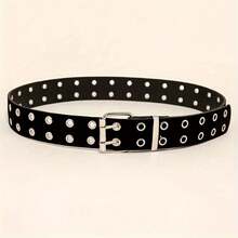 A Double Needle Metal Buckle With Black Retro Punk Strap, Hip-Hop PU Strap, Fashionable Casual Retro, Suitable For Daily Travel, Street Parties, And Holiday Wear - 黑色 - 查看 2