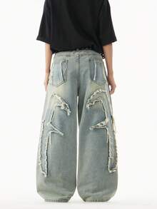 1 Quần Jeans Denim Ống Rộng Phong Cách Mỹ Cổ Điển, Thêu Vá, Viền Xỉn, Dáng Rộng, Thường Ngày, Dành Cho Nam (Không Có Thắt Lưng & Phụ Kiện) - Màu xanh lam - Xem 2