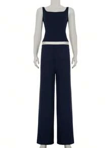 Elegante conjunto de dos piezas casual para mujer, top sin espalda básico liso y pantalón recto de cintura elástica, sencillo y deportivo para verano y otoño
