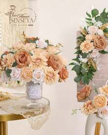 Artificial Flowers Combo, Champagne Silk Roses, Peonies, Dahlias With Stems For DIY Wedding Bouquets, Baby Shower, Table Centerpieces, Home Decor, Fake Floral Arrangements, Party Decorations - Nude Color - 查看 4
