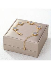 1pc Colorful Shell Inlaid Clover Charm Flower Chain Bracelet, Fashionable & Elegant For Women & Girls