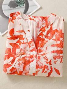 Women's All-Over Botanical Print Button-Front Shirt - Keyhole Neckline Short Sleeve Blouse For Date Nights/Concert Outfits/Travel, Spring-Fall Wardrobe Must-Have