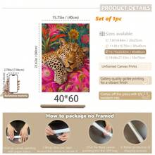1pc, Canvas Hanging Picture, Framed, Vibrant Lion And Leopard Canvas Poster, Modern Art Wall Decor With Floral And Animal Patterns For Living Room, Bedroom, Bathroom, Home Office - Stylish Interior Home Decor, Room Decor