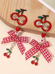2 piezas Pinzas para el cabello con lazo estilo Y2K con diseño de cerezas y fresas para niñas, pasador de cabello con cinta a cuadros rojos retro, accesorios kawaii para el cabello con diseño floral y de frutas, para fiesta de San Valentín, Navidad, primavera y verano, festivales