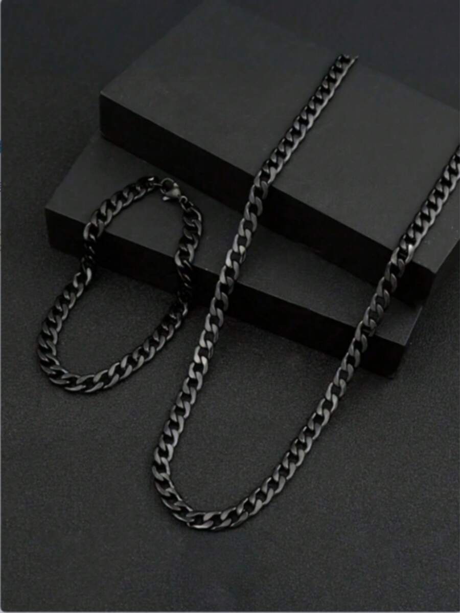 Conjunto de colar e pulseira de elos cubanos pretos, modernos e versáteis