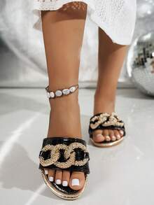 Giày đế bằng mũi tròn thời trang mùa hè cho nữ, giày sandal hở mũi thoải mái, phù hợp cho hoạt động ngoài trời, bãi biển, tiệc tùng - màu đen - Xem 3