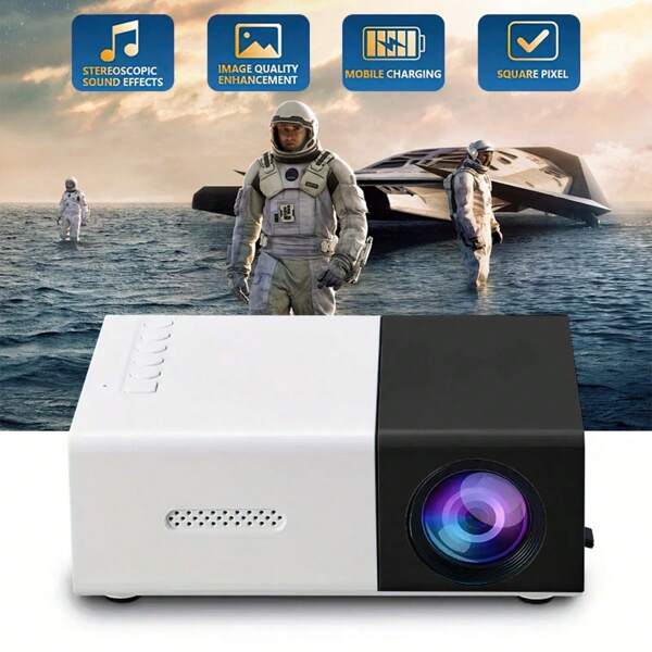 1 draagbare YG300 miniprojector, eenvoudig aan te sluiten op uw telefoon en mee te nemen voor thuis, op feestjes of op kantoor. Compatibel met USB/SD/AV/HD en andere interfaces, evenals een Type-C-poort. Geen ingebouwd systeem; ondersteunt bekabelde schermweergave vanaf mobiele telefoons.