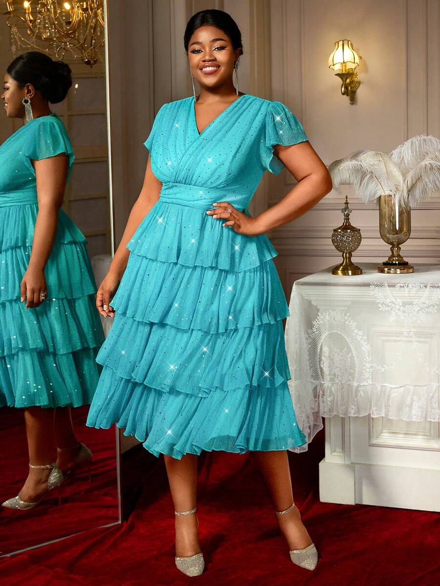 女式蛋糕连衣裙 褶皱 V 领高腰闪亮带衬里派对活动加大码女士礼服