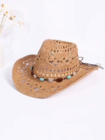 1pc Solid Color Bohemian Casual Beaded Jeweled Hollow-Out UV Protection Decorative Woven Panama Hat, Fashionable & Versatile For All Seasons