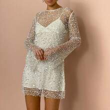 Women's Glitter Loose Mini Dress Long Sleeve Round Neck Sheer Sequin Mesh Sheer Dress Two Piece Outfit Clubwear Rave Party Outfits