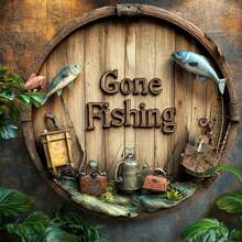 1pc Vintage "Gone Fishing" 7.87x7.87 Inch Round Metal Wall Plaque - Rustic Decor With Fish And Fishing Gear Design, Suitable For Home, Office, Bar - No Electricity Required, Indoor/Outdoor Use And Gift Giving, Fits Home, Restaurant, Cafe, Garage Decor, Various Designs, Home Decor, Room Decor, Wall Decor, Birthday Gift, Graduation Gift. Random Hole Style.