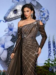 Charming Gorgeous Black Beaded Asymmetrical Neck Strapless Gown Dresses For Dinner Party, Prom, Graduation Party (Heavily Embellished) Wedding Spring - Black - View 8