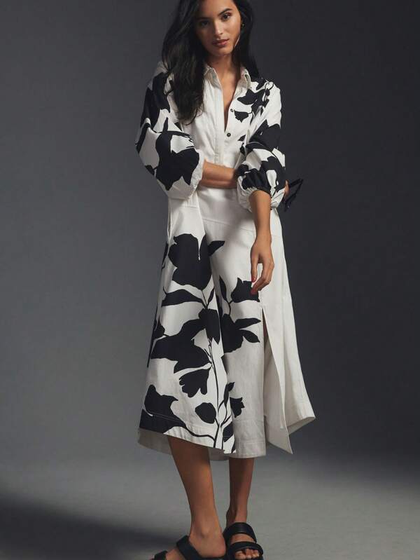 1pc Elegant Leaf & Floral Print Dress