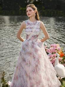 Faeriesty Luxe Elegant Sleeveless Tulle Evening Gown With Lace Trim & Multi-Layer Ruffled Hem - Pastel Floral Print Dress For Wedding, Bridal Shower, Evening Gala