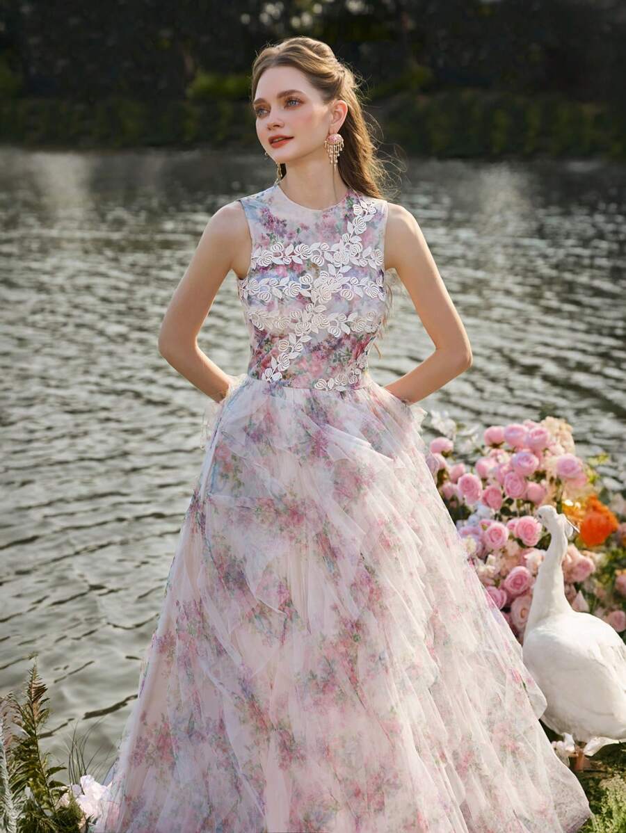 Faeriesty Luxe Elegant Sleeveless Tulle Evening Gown With Lace Trim & Multi-Layer Ruffled Hem - Pastel Floral Print Dress For Wedding, Bridal Shower, Evening Gala