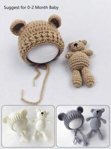 Set di cappellini da bebè a forma di orsacchiotto, accessori per fotografia neonati, giocattoli, cappelli in maglia per neonati, bambola da posa per servizi fotografici di bambini e bambine