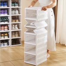 6 Tier Plastic Shoe Storage Box Stackable Foldable Boxes Trainers Organiser - White - View 1
