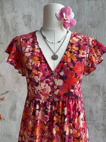 Rusttydustty Rochie maxi florală de vară, rochie lungă de vacanță, rochie boho florală, rochie ... lungă cu imprimeu floral și guler în V, rochie rochie de vacanță, rochie lungă de vacanță - roșu - Vizualizare 6