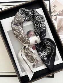 1pc Colorblock Bohemian Scarf, New Spring/Summer Retro European And American Small Square Scarf, Paisley Print Silk Scarf, Fashion Neckerchief For Sun Protection And Decor - Black and White - View 1