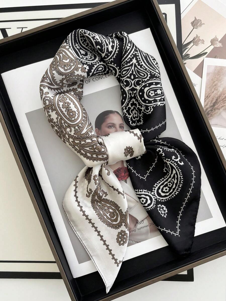 1pc Colorblock Bohemian Scarf, New Spring/Summer Retro European And American Small Square Scarf, Paisley Print Silk Scarf, Fashion Neckerchief For Sun Protection And Decor - Black and White - View 1