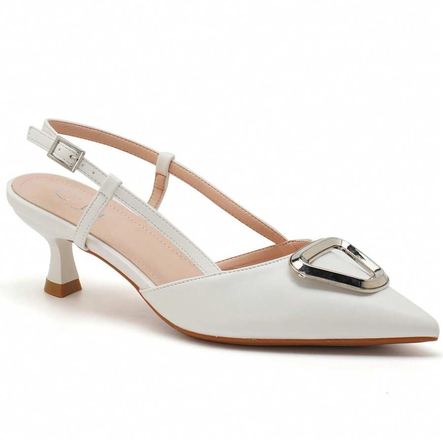 Elegante spitze Slingback Absatzschuhe für Damen - Kitten Heel Pumps mit geometrischer Schnalle für Büro und Abendmode - Weiss - Übersicht 1