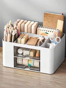 1 件装办公桌收纳盒，带笔筒和 2 个抽屉，桌面收纳盒，用于存放办公用品、化妆品，适用于办公室、家庭、学校 - 彩色 - 查看 2