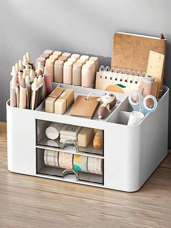 1pc Desk Organizer Box With Pencil Holder And 2 Drawers, Desktop Storage Box For Office Supplies, Makeup, Suitable For Office, Home, School