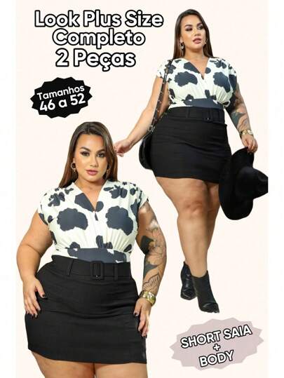 CONJUNTO FEMININO PLUS SIZE LOOK RODEIO BLUSA BODY ESTAMPA VACA COW PRINT FESTA JUNINA COUNTRY SHORT SAIA 46 A 52