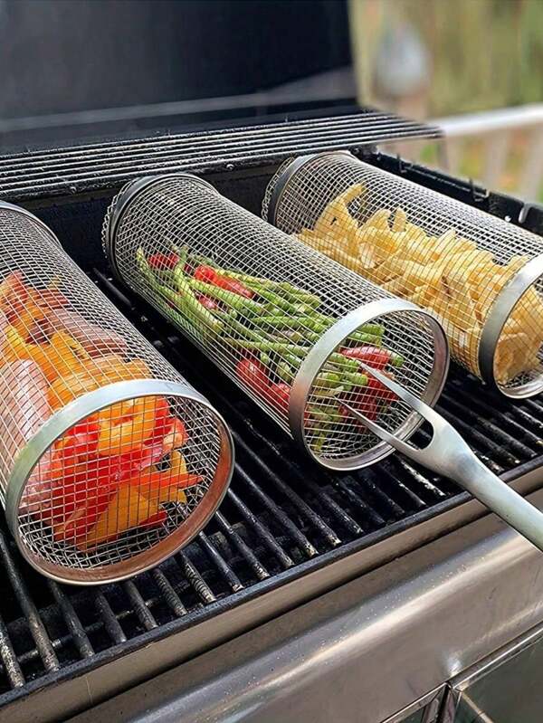 2 Pieces BBQ Grill Set, Stainless Steel BBQ Grill Set, Portable Outdoor BBQ Basket, Portable Round Stainless Steel Campfire Grill, Multi-Purpose Camping Grill Accessory, Outdoor BBQ Basket