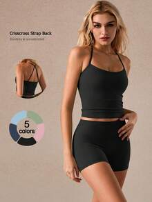 NcmRyu Women's Sexy Seamless Elastic Camisole And Shorts Activewear Set - Black - View 2