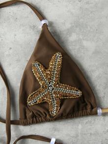 Valentine's Day New Women's Summer Beach Crystal Starfish Decor Casual Sexy Beach Resort Bikini Swimsuit Set - Brown - View 4