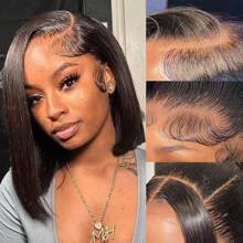 Bob Wig Human Hair Pre Plucked 13x4 Frontal Lace Wig 12inch Black Bob Wig For Women 180% Density Straight Short Bob Lace Front Wigs Human Hair With Baby Hair Daily Use Beach Hair Style