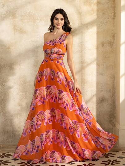 Elegant One-Shoulder Maxi Dress - Vibrant Abstract Floral Print, Cinched Waist & Floor-Length Flow For Evening Galas, Wedding Guest Outfits, Red Carpet Styling