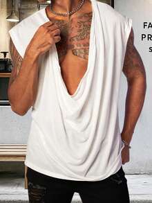 Men Leisure Workout Tank Top Sleeveless Draped Neck Bodybuilding Gym Athletic Vest Summer Tops - White - View 3