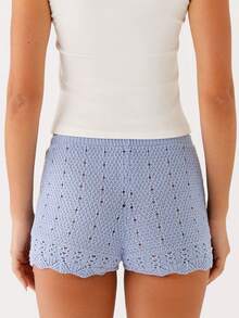 Women Knit Shorts Y2k Crochet Knitted Mini Shorts Cute Elastic Waist Solid Color Hollow Out Bottom Summer Beachwear Lounge Shorts - 藍色 - 查看 8