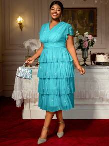 女式蛋糕连衣裙 褶皱 V 领高腰闪亮带衬里派对活动加大码女士礼服