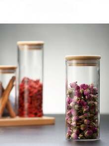 Luftdichter Behälter, Lagerungsglas aus Borosilikat mit Dichtung, gerader Teebehälter, luftdichter Behälter für trockene Lebensmittel, Nüsse, Snacks, Bambusdeckel, Aufbewahrungsutensilie für den Haushalt