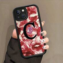 Cute Kitten Letter C Red Kisses Background  Black Phone Case For IPhone X/XS/11/12/13/14/15/16 Pro- Sleek & Durable Cover For Cool Guys & Girls, Anti-Scratch With Full Camera Protection- Perfect Unisex Gift,Stylish & Durable- Perfect Gift For Him/Her - Black - View 4