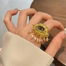1pc Vintage Copper/Gold Tone Devil's Eye & Faux Pearl Adjustable Ring, Women Jewelry Gift