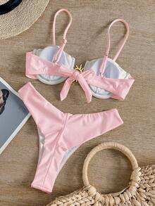 Swmmer Liket Sexy Metallic Jewelry Solid Color Bikini Women Swimsuit Set For Summer Beach Vacation - Hồng - Xem 2