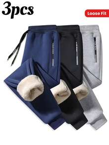 3 Pairs Winter Warm Thermal Lined Trousers, Solid Color, Knitted Fabric, Loose Fit, Printed Drawstring, Comfortable Pants For Cold Season, Thick - Multicolor - View 2