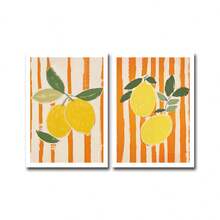 2pcs/Set Lemons Art Posters Print, Orange Color Stripes And Lemons Art, Modern Country Farmhouse Style Retro Minimalist Lemon Wall Art, Kitchen Wall Decor, Cute Lemon Print, No Frame